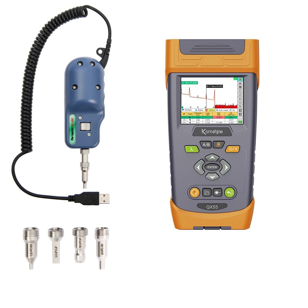 Live PON OTDR 1625nm Komshine QX55 1310/1550/1625nm 32dB Pass 1:16 Fiber Splitter for CAT5 CAT6 w/Visual Fault Locator VFL 1mW + SM Optical Light Source + Fiber Microscope Inspection Probe 400 Times