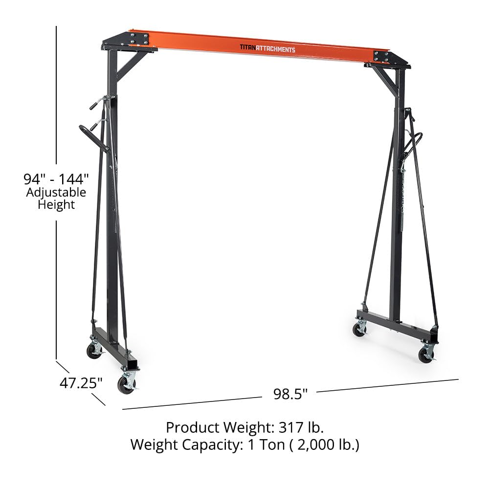 Titan Attachments Adjustable Gantry Crane, 1 Ton Capacity, Shop Lift Hoist Rated 2,000 LB, Portable Design with Locking Wheels, Adjustable Height up to 12 FT, Durable Steel Construction, Frame Only