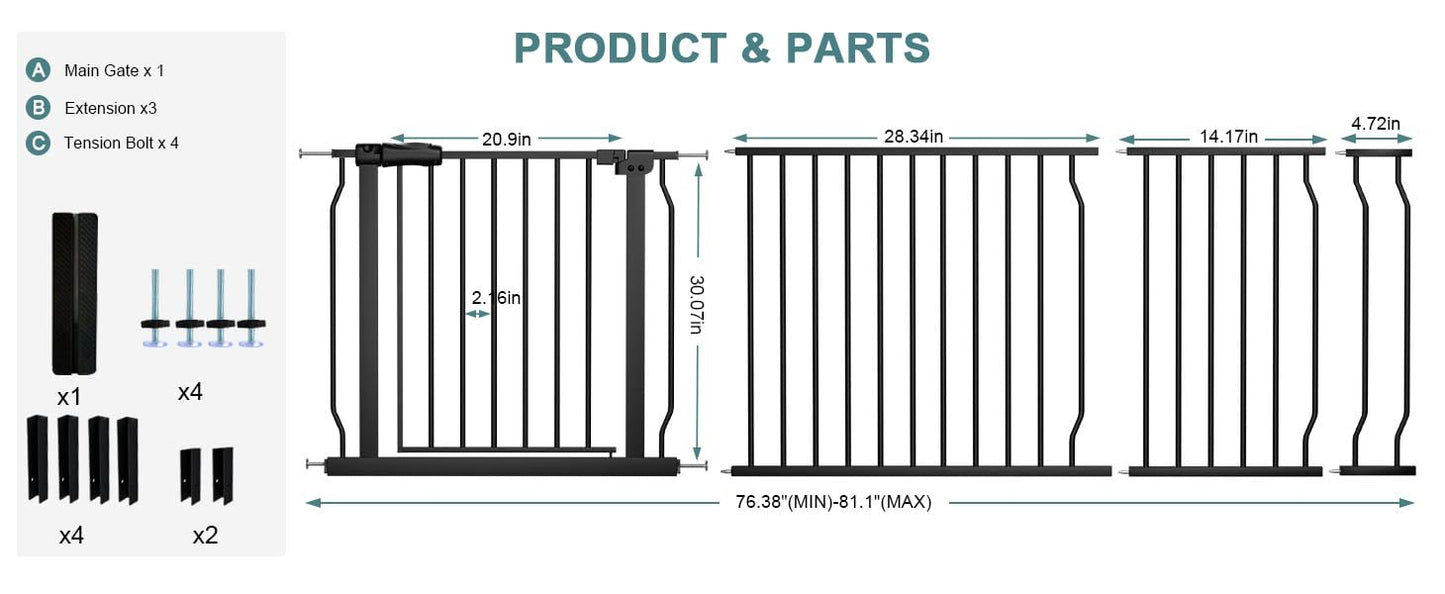 COSEND Extra Wide Baby Gate Tension Indoor Safety Gates Black Metal Large Pressure Mounted Pet Gate Walk Through Long Safety Dog Gate for The House Doorways Stairs (76.38"-81.10"/194-206CM, Black)