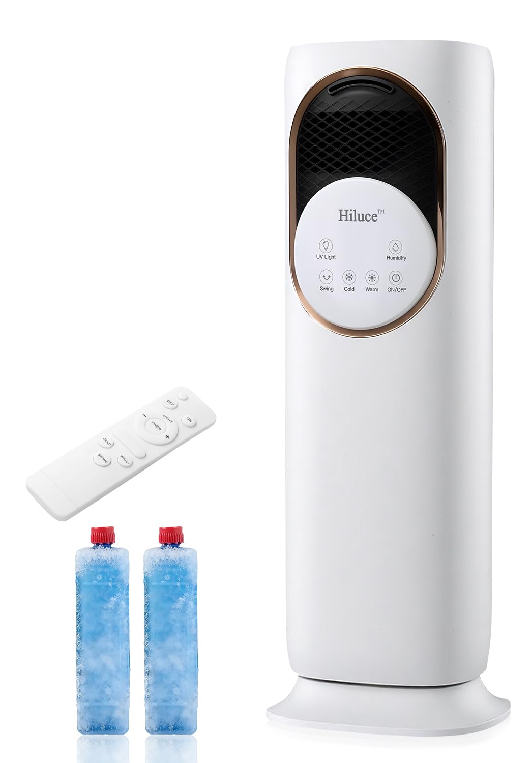 Hiluce 4-IN-1 Evaporative Air Swamp Cooler,Quiet Fan and Heater Combo,28 ft/s Tower Fans that Blow Cold Air,Removable Water Tank,Ice Packs,180°Oscillating,2 Heating & 3 Cooling Speeds,9H Timer