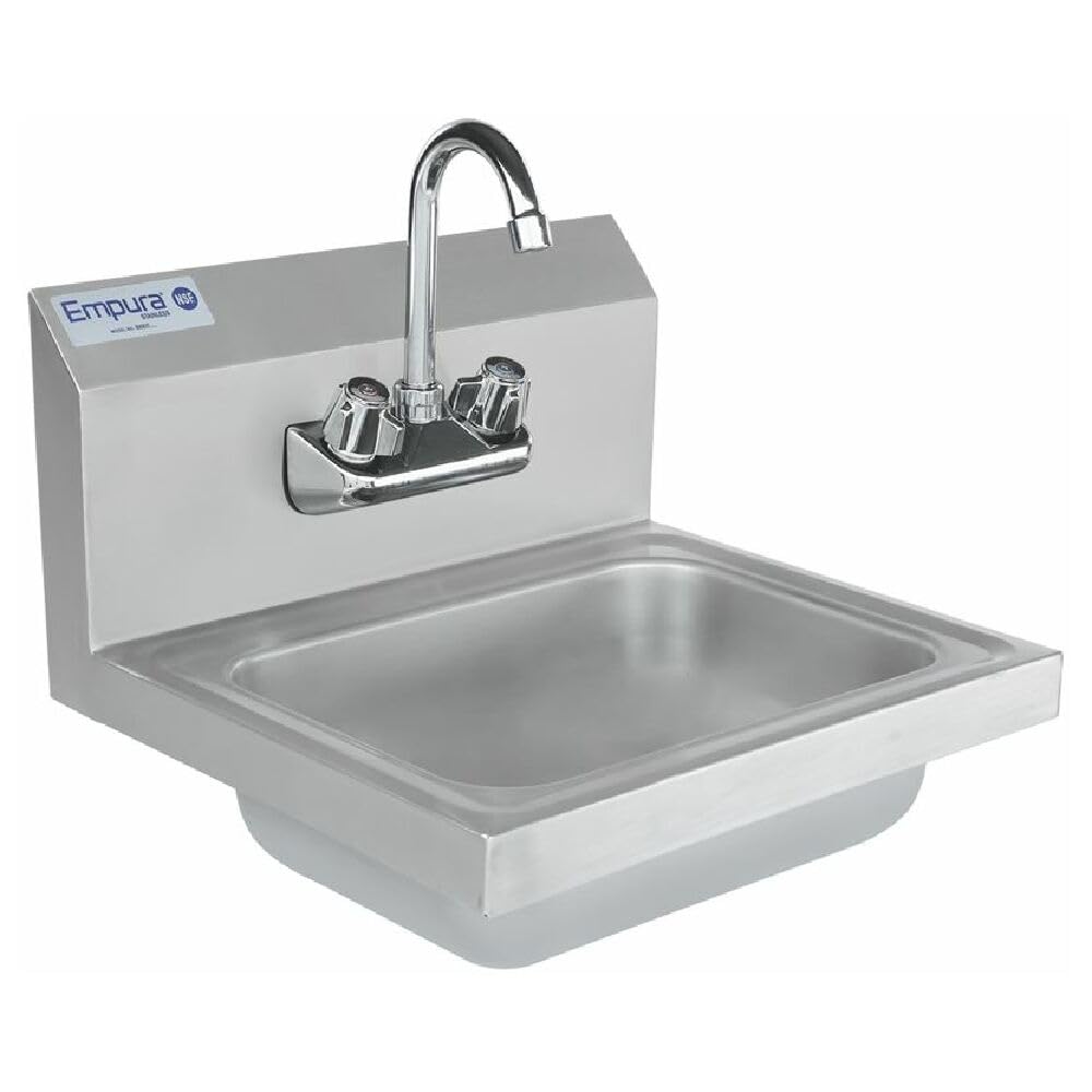 Empura 17" Wide Stainless Steel Wall Mounted Hand Sink | Commercial Prep Utility 14" x 10" for Kitchen Laundry Garage | 4" Center Gooseneck Faucet, 9.5" Backsplash, 17"W x 15"D x 13"H, 20 Gauge, NSF