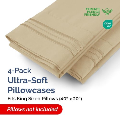 King Pillow Cases Set of 4 | Ultra Soft Hotel Quality Covers - Cozy, Wrinkle-Free & Fade Resistant - Beige