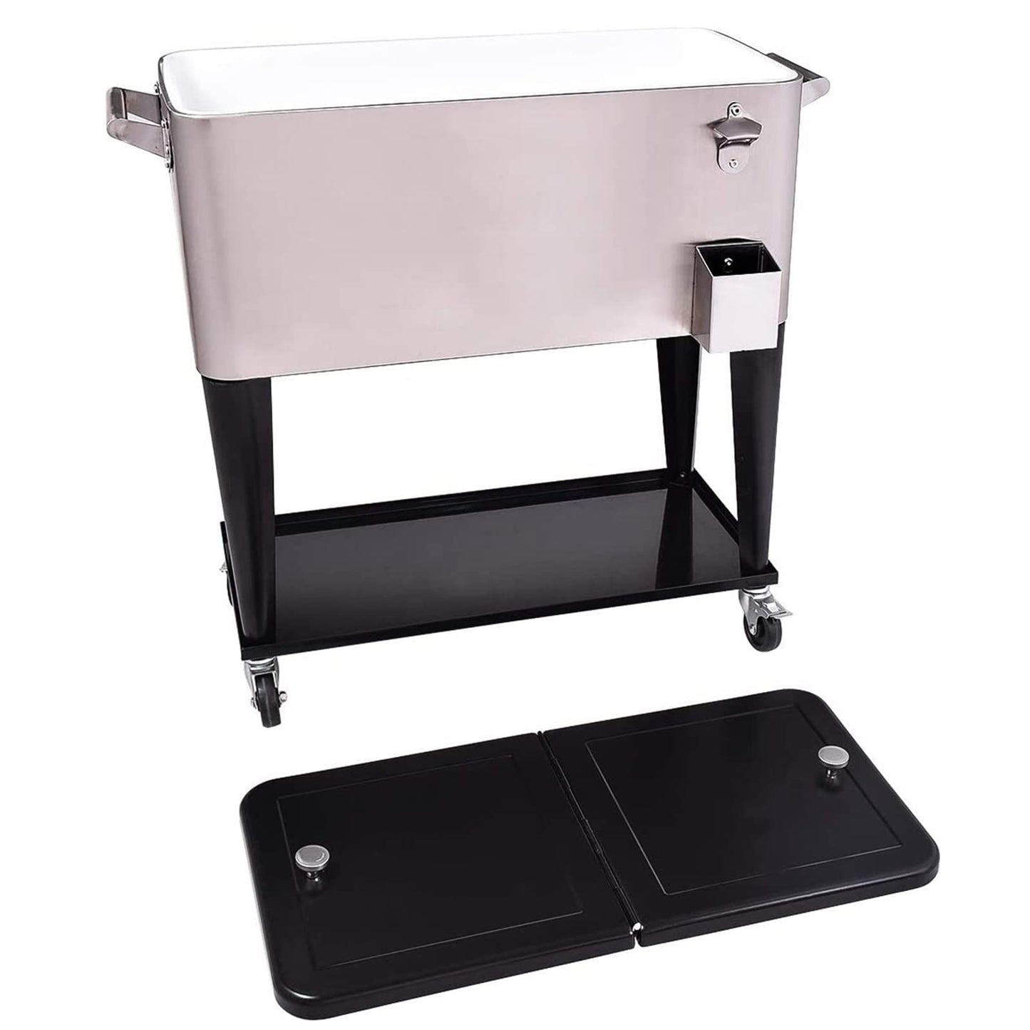 Giantex 80 Quart Rolling Patio Cooler Cart with Bottom Storage Shelf & Drain, Outdoor Ice Chest with Lockable Wheels, Bottle Opener & Cap Catcher, for Party Poolside Backyard BBQ (Sliver + Black)