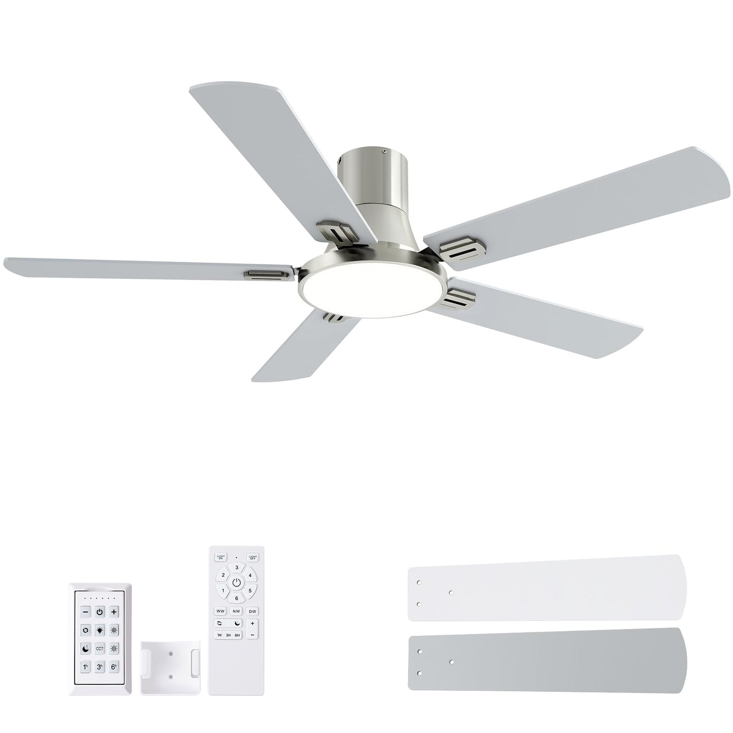 SNJ 52 Inch Brushed Nickel Ceiling Fans with Lights and Remote,Flush Mount Low Profile 5 Blades Ceiling Fan,Dimmable Quiet Reversible DC Motor for,Living Room,Bedroom and Patio