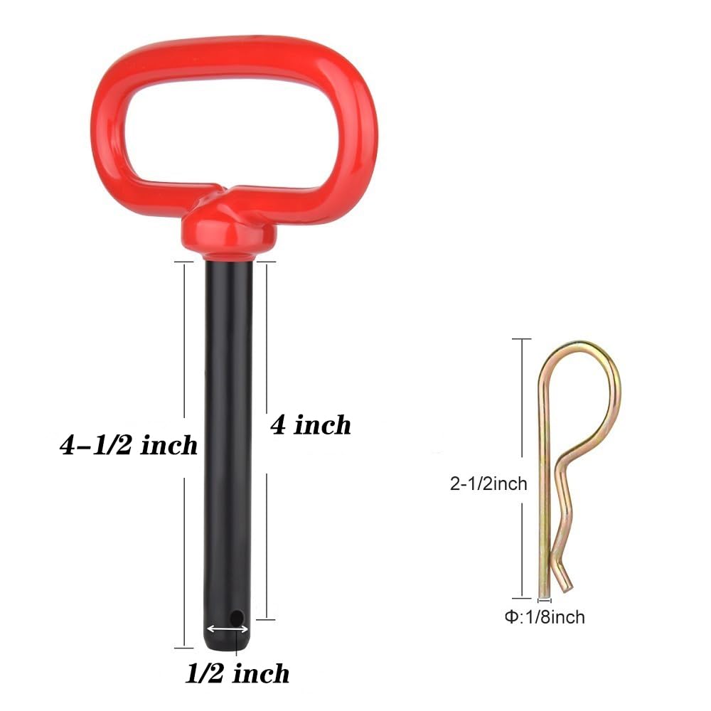 2PCS 1/2*4-1/2 "Hitch Pin and Clip Red Handle Hitch Trailer PinsTowing Security Pin for Trailers, Lawn Equipment & Snow Plows - Easy Install Hitch Pin