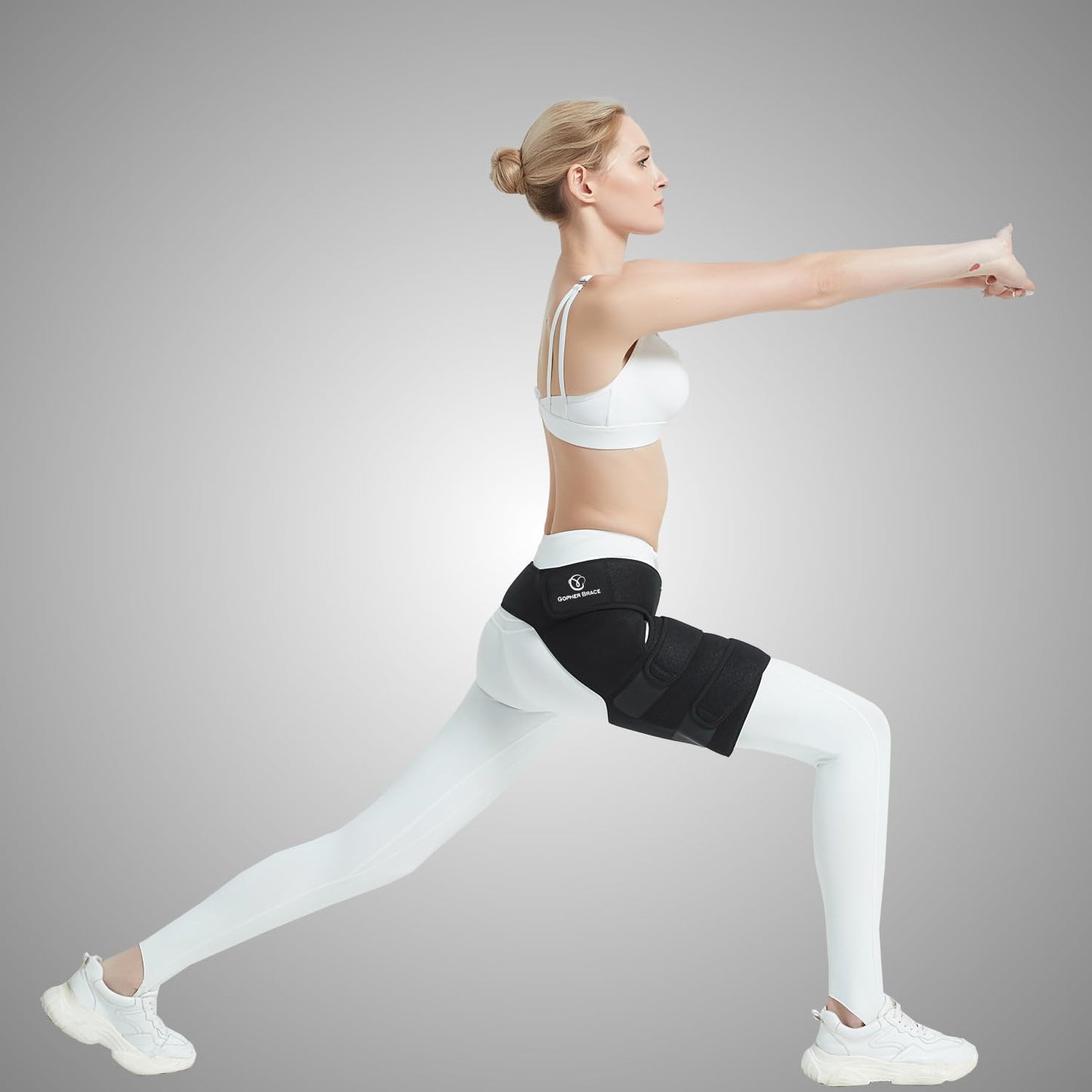 GOPHERBRACE Hip Brace Thigh Compression Sleeve - Adjustable Groin Compression Wrap for Sciatic Nerve Pain Relief, Hip Flexor Strain, Hamstring Pull, Joint Stabilizer for Men for Women (Black Left)