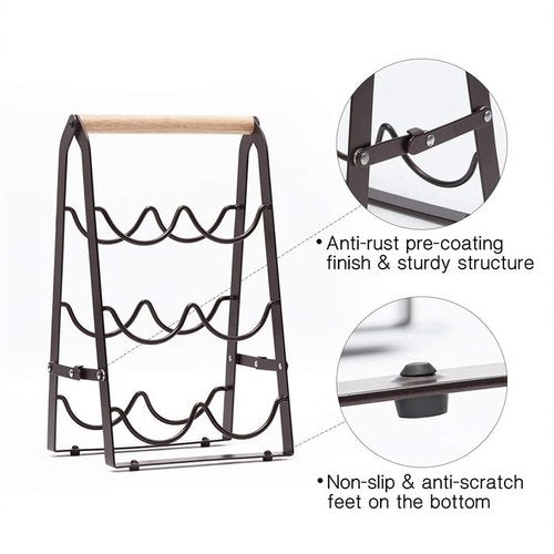 HMKAIJUFUL Wine Rack, 6 Bottle Wooden Countertop Free Standing Shelf,3 Tier Bottle Holder Stand for Home Bar Tabletop, Cabinet Inserts, Kitchen, Wine Cellar Storage No Assembly(Black)
