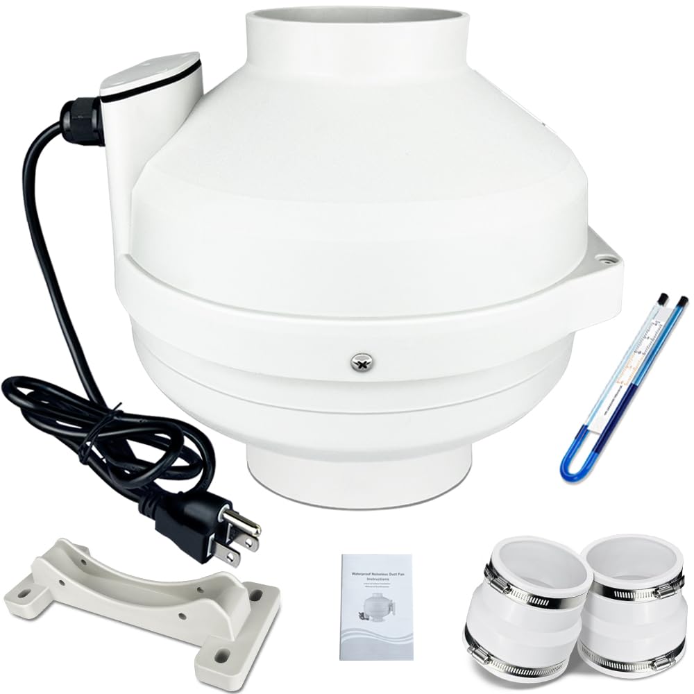 Rysmirs 4 to 3 inch Radon Mitigation System Kit - 2 Speed Radon Fan 240CFM | 168CFM with Rubber Couplings and Air Pressure Indicator, Quiet and Energy Efficient, Fits 3” Piping