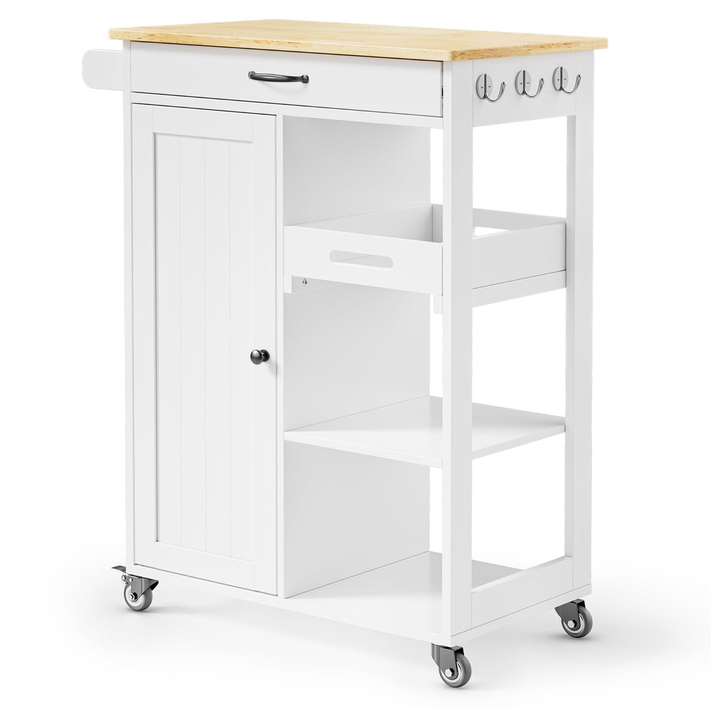 Gizoon Kitchen Island Cart with Removable Tray, 27.6''W Rolling Utility Trolley Cart with Drawer, Cabinet, Towel Rack, Hooks and 3 Open Storage Shelves, Mobile Storage Cart for Dining Room, Bar, White