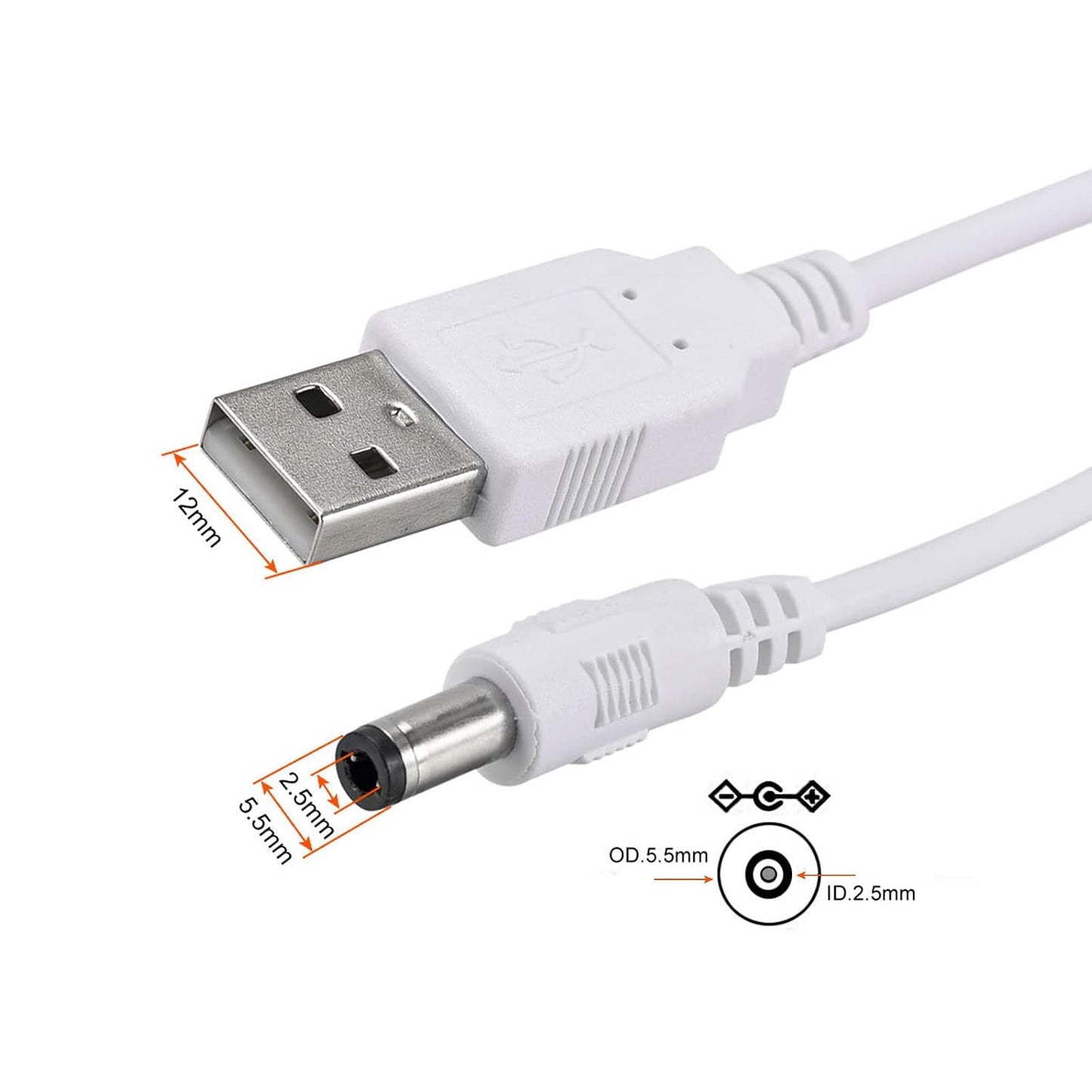 5.5x2.5mm/ 2A/ DC Power Cable USB Male to Male Connectors Jack Socket Wire [for CCTV DVR LED Strip Light] - White