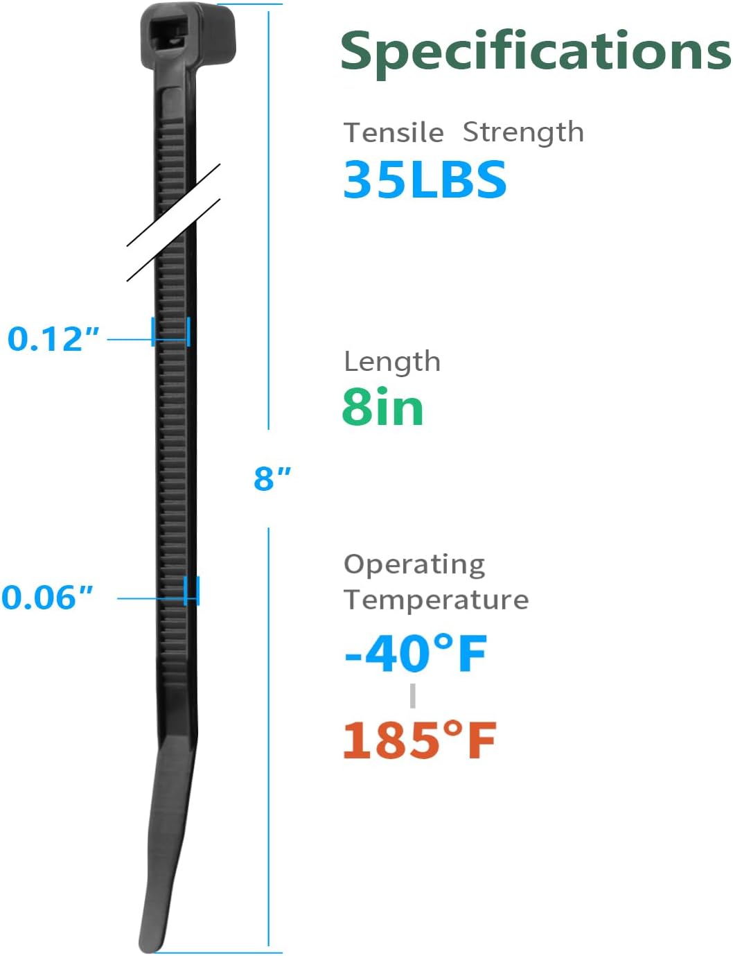 Eletoo 8 Inch (1200 Pack), 35 LBS PA66 Black Zip Ties Tensile Strength, Self-Locking Nylon UV Resistant Cable Ties