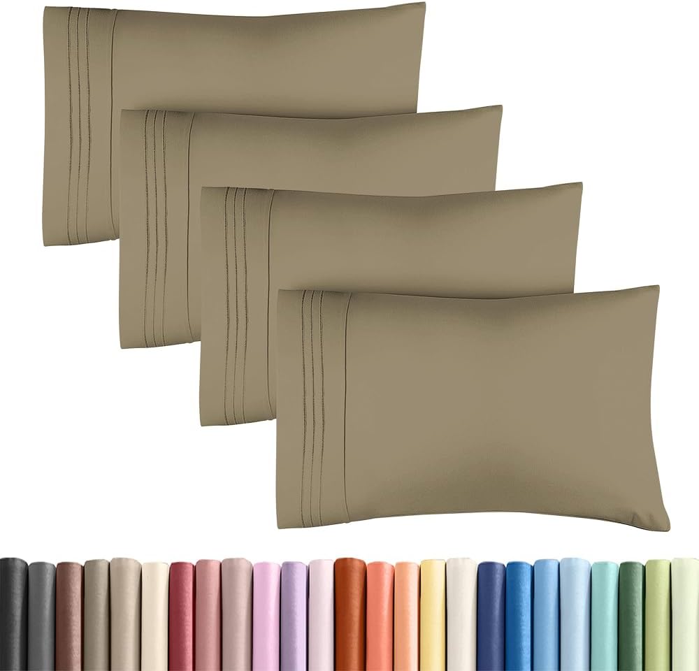 Skiennix Standard Pillow Cases Set of 4 - Ultra Soft Hotel Quality Covers - Machine Washable Khaki