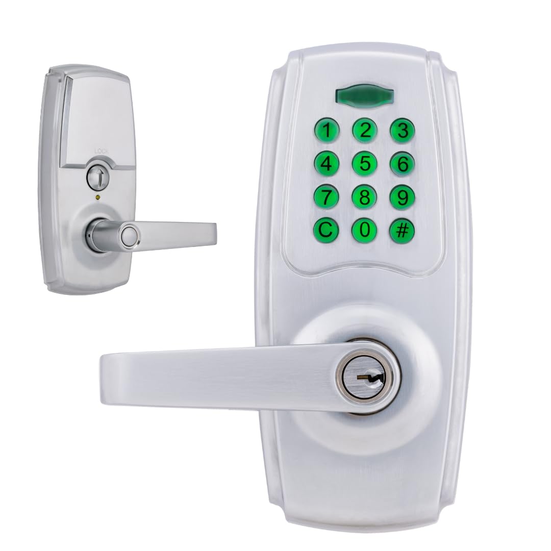 BRINKS ANSI Grade 2 Keypad Door Lock with Handle for Commercial & Residential Use, Keyless Entry Door Lock, 99 User Codes, Auto-Relock, Battery with Backup Keyway (Satin Nickel)