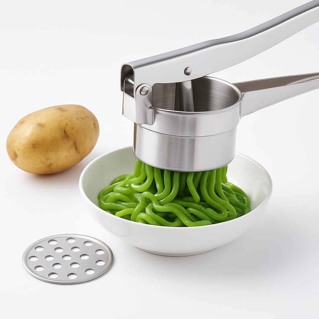 Stainless Steel Khuon Banh Lot Press – Multi-Purpose Potato Ricer, Cendol Maker, Spaetzle Press – Heavy-Duty Manual Food Strainer with 3 Interchangeable Discs for Rice, Vegetables, and Dough