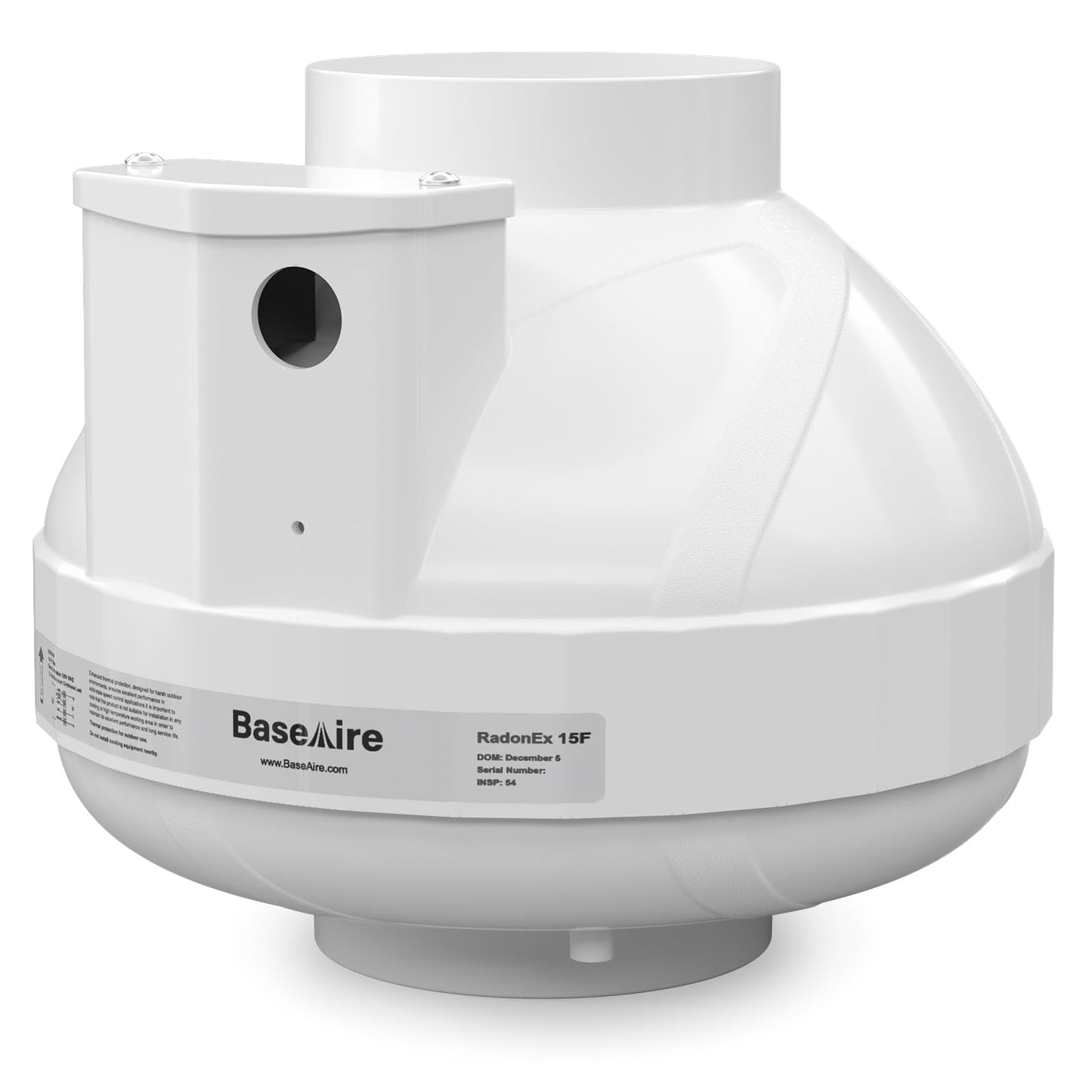 BaseAire 4 Inch 237 CFM Radon Mitigation Fan, Quiet Energy Efficient Radon System, RadonEx 15F Crawlspace or Slab Application, Waterproof Exhaust Fan for Indoor Outdoor Ventilation, 1500 Square Feet