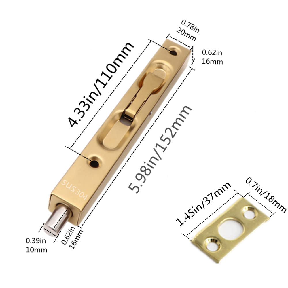 szhdxsy 2-Pack Hidden Latch & Bolt 304 Stainless Steel 6 inch(15cm) Security Door Bolt Latch, Double Door Lever Action Flush Bolt Latch, French Door Slide Bolt Lock,Golden