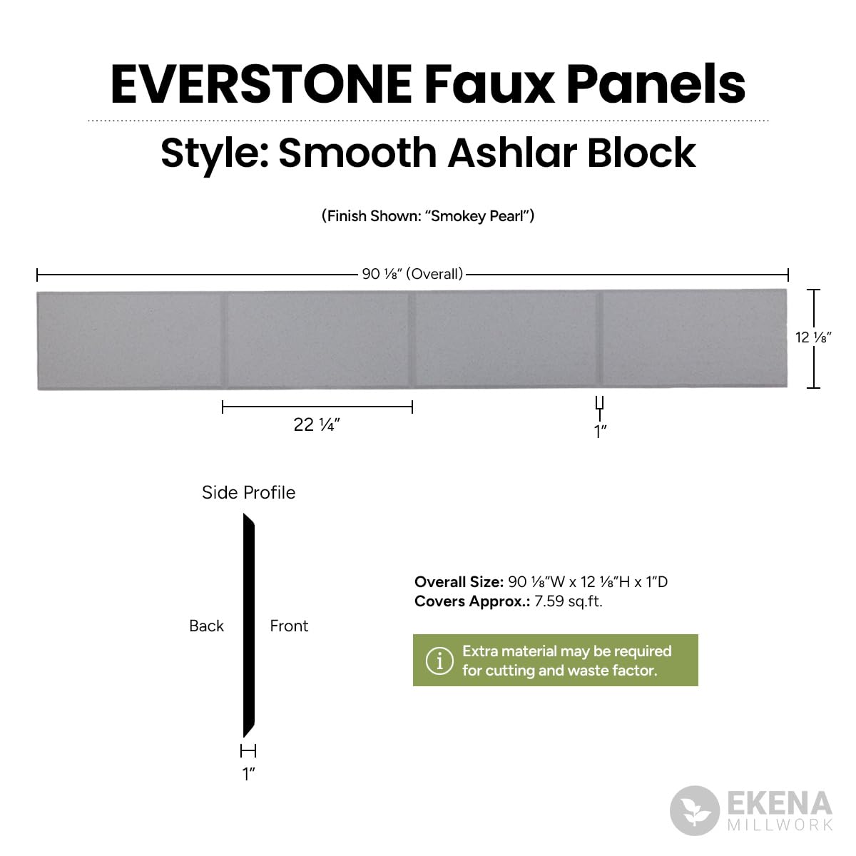 EverStone Dry Stacked, Smooth Ashlar Block Faux Concrete Panel, 90 1/8"W x 12 1/8"H x 3/4"D, Obsidian