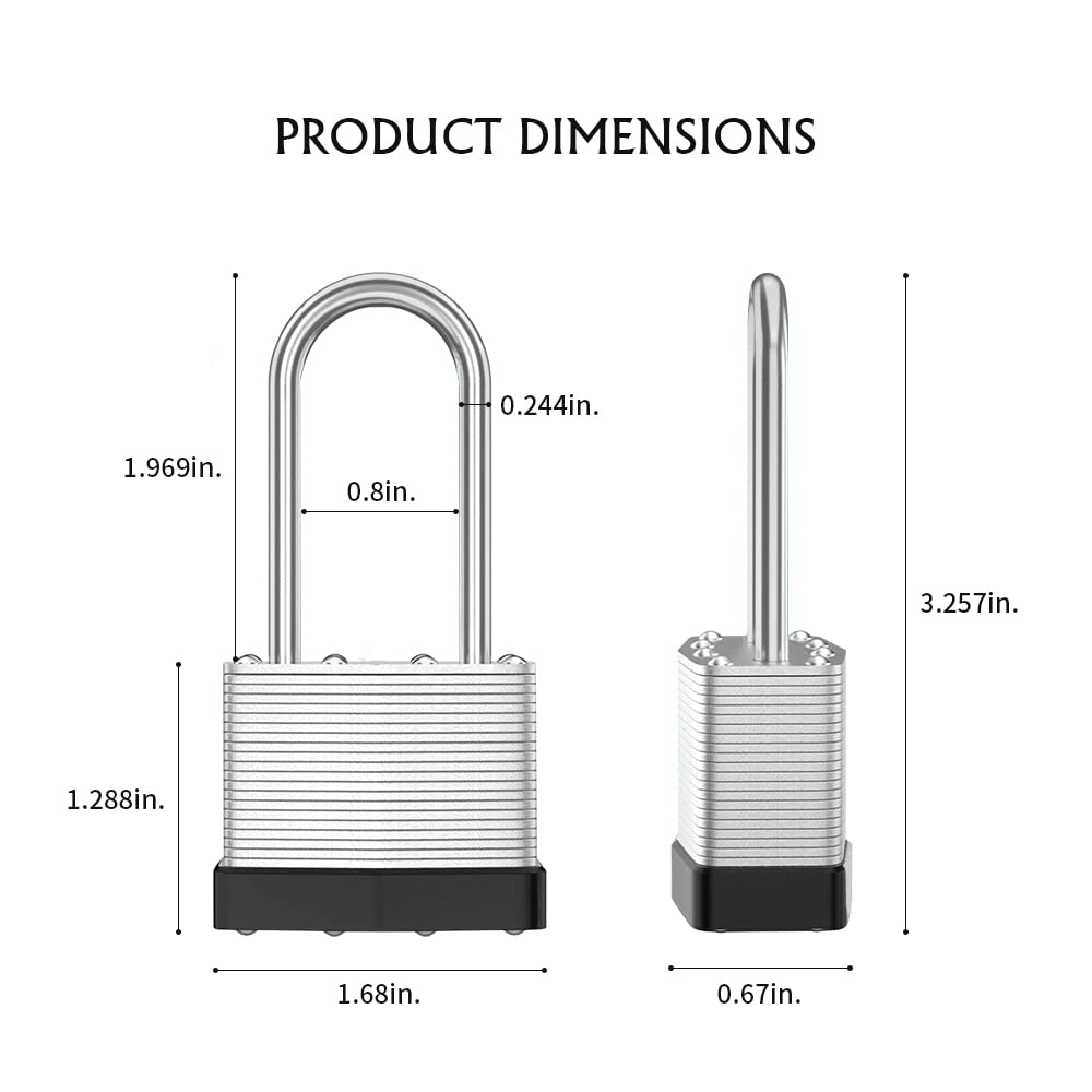 CINCINNO Laminated Steel Padlock with Key，6 Pack Keyed Alike Padlocks with Long Shackle