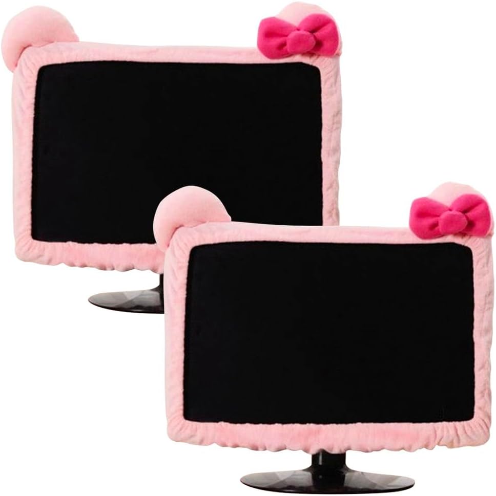 VIOKKO 2 (17 24 Inch) Pcs Kawaii Elastic Monitor Dust Cover - Cat Ear Furry Pink, Dustproof for PC, TV, Laptop