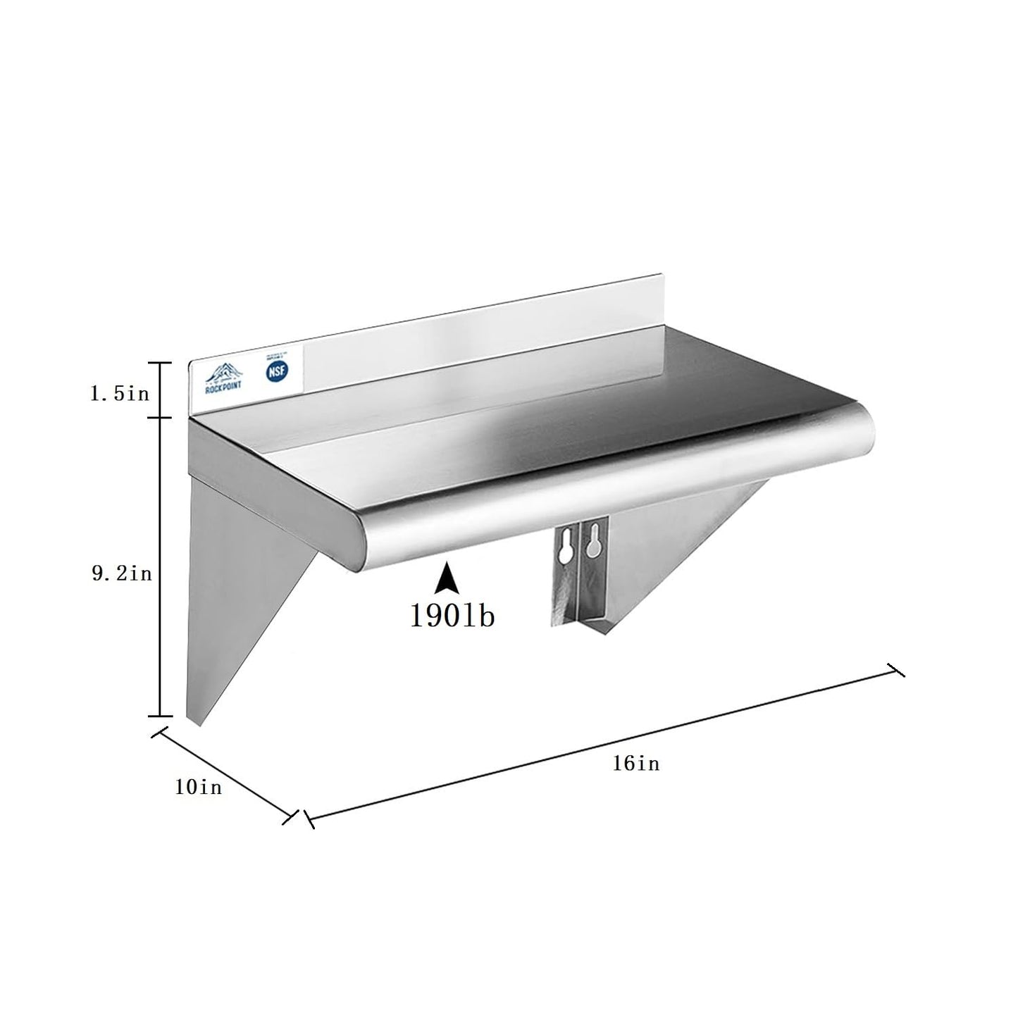 ROCKPOINT Stainless Steel Shelf 10 x 16 Inches 190lb, 2 Pack NSF Metal Commercial Shelves Wall Mount Floating Shelving with Backsplash for Restaurant, Kitchen, Home and Hotel, Silver
