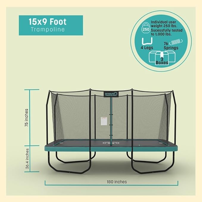 SKYWALKER TRAMPOLINES 12 FT 15 FT Round Trampoline with Safety Enclosure Net, 9 x 15 FT Rectangle Outdoor Trampoline, Recreational Trampoline for Kids