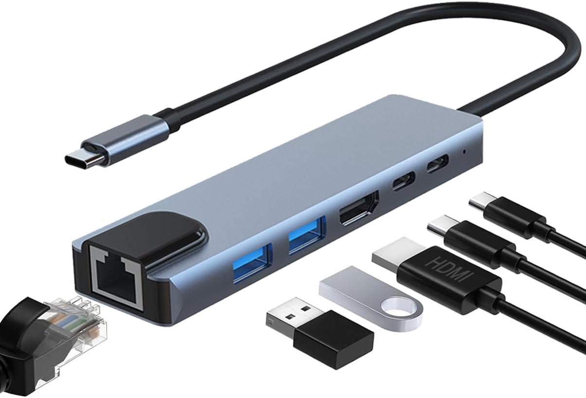 JUEJUEZI 6-in-1 4K RJ45 3.0/2.0, PD100W, USB C Hub, Ethernet Multi Port Adapter with HDMI, Ethernet Port, USB USB C