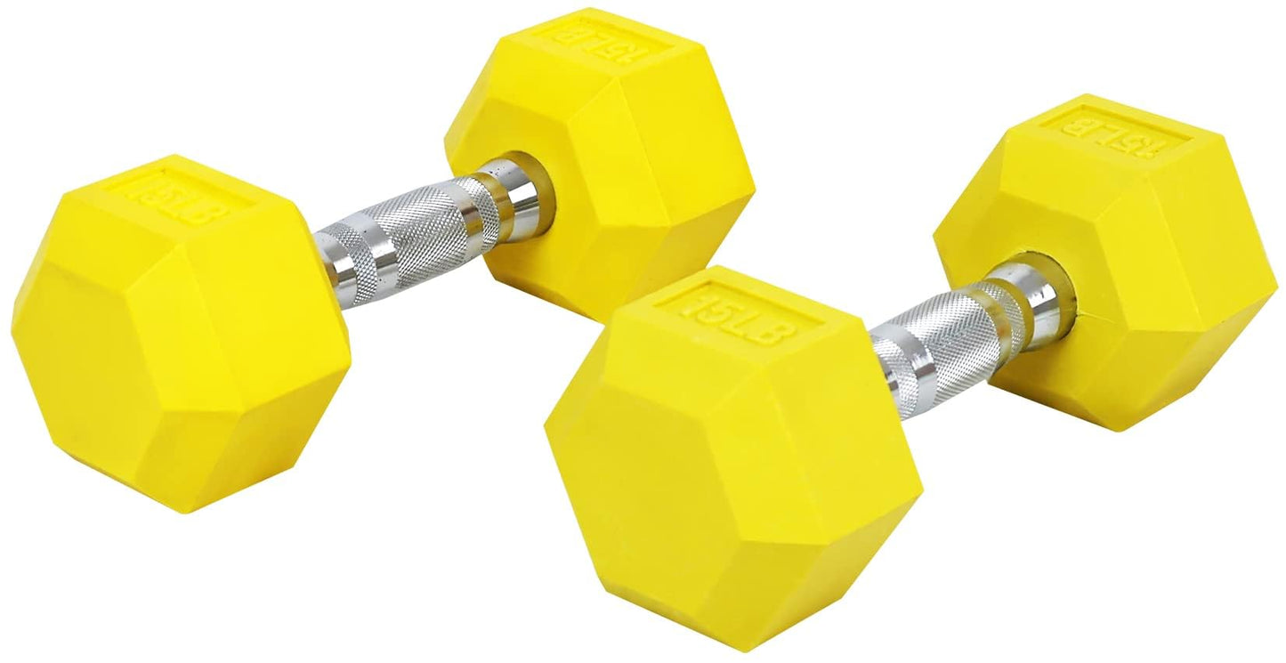 BalanceFrom Rubber Encased Hex Weights Dumbbells Set, Cast Iron Hand Weights with Anti-Slip Grip for Home Gym Strength Training 15LB