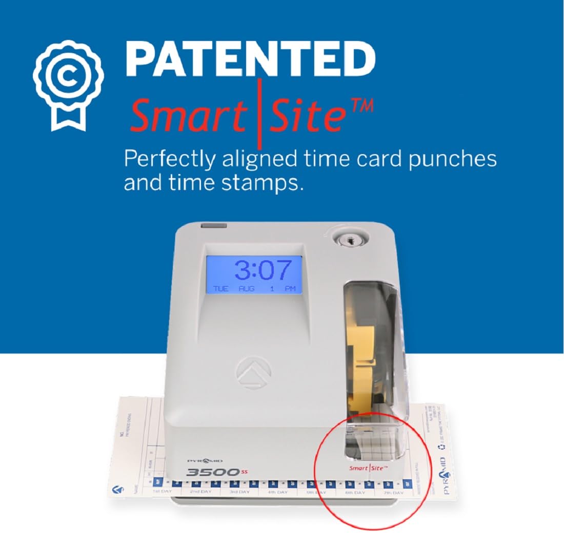 Pyramid Time Systems - 3500SS Employee Automatic Time Clock Bundle for Payroll Tracking and Attendance Management, Punch Clock with SmartSite Alignment, 25 Time Cards, 1 Ribbon and 2 Security Keys