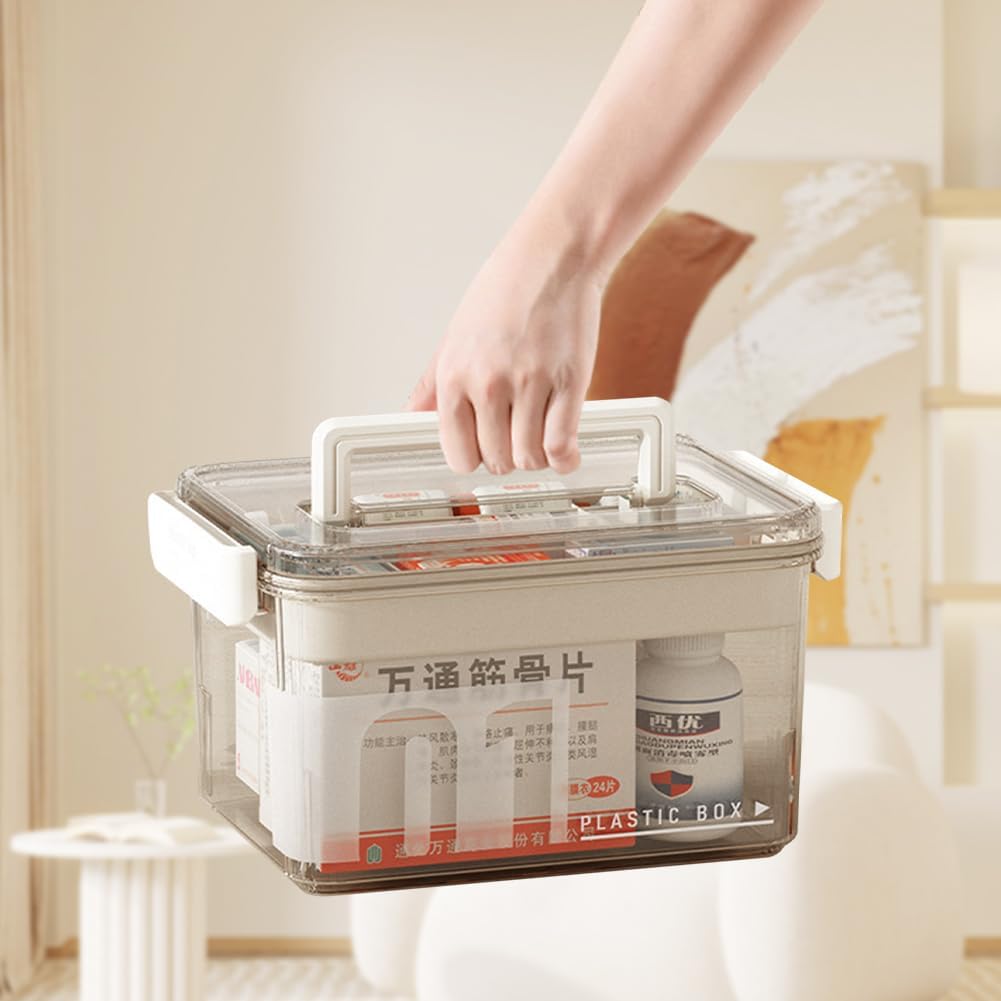 Skiennix Medicine Storage Box - Clear Plastic Organizer with Removable Tray for Home & Travel