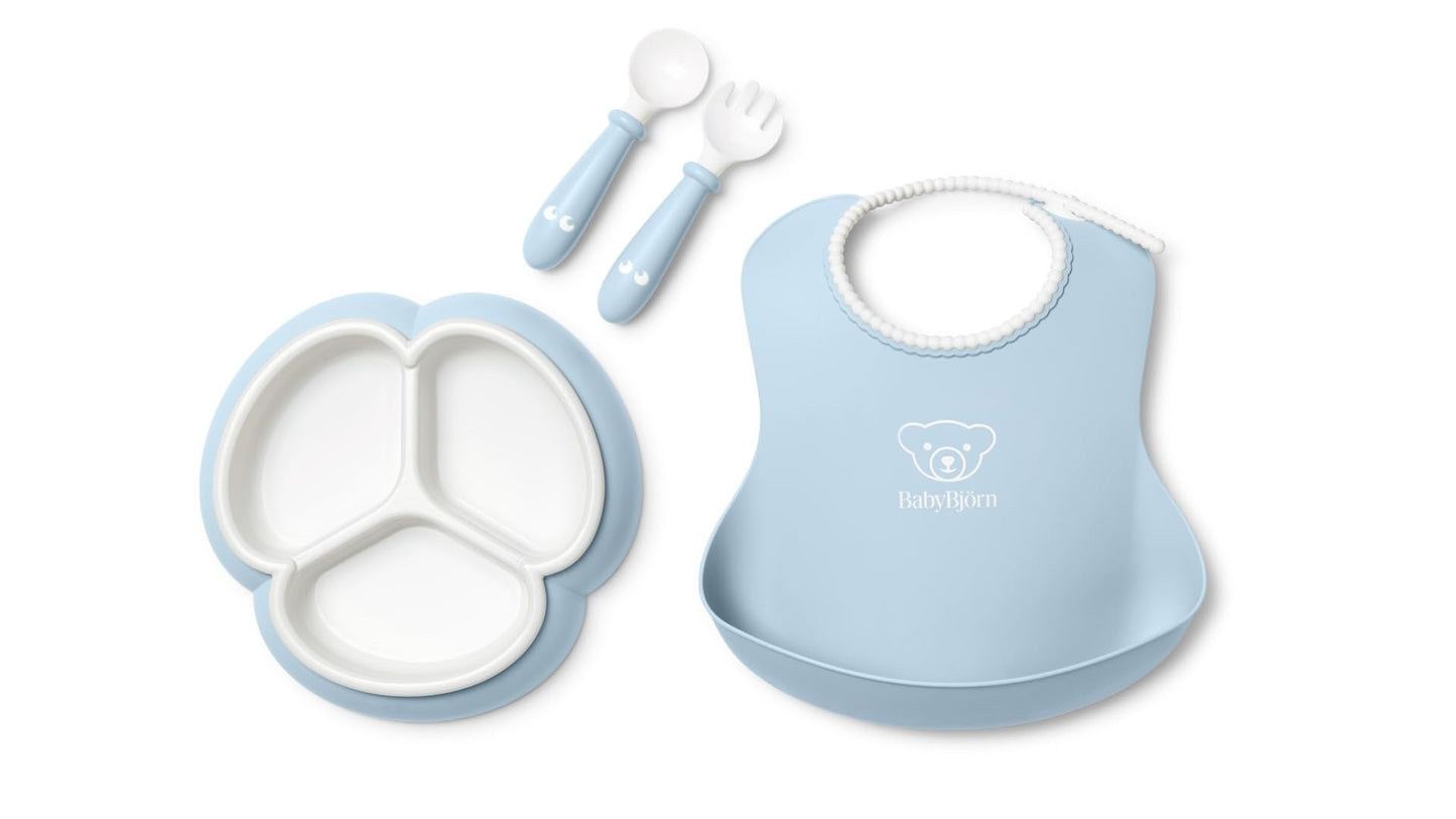 BabyBjörn Mealtime Set, 4 pc, Powder blue | Includes Baby Plate, Baby Fork, Baby Spoon, and Baby Cup | Dishwasher Safe | Toddler feeding set for self-feeding or baby-led weaning