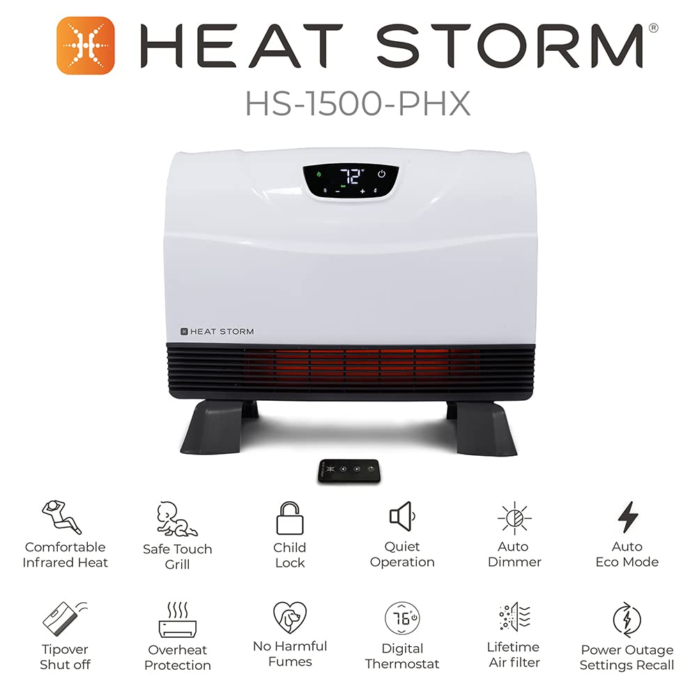 Heat Storm Phoenix Infrared Space Heater with Attachable Feet, Remote Control, Energy Efficient-750-1500 Watts, White Floor or Wall - HS-1500-PHX