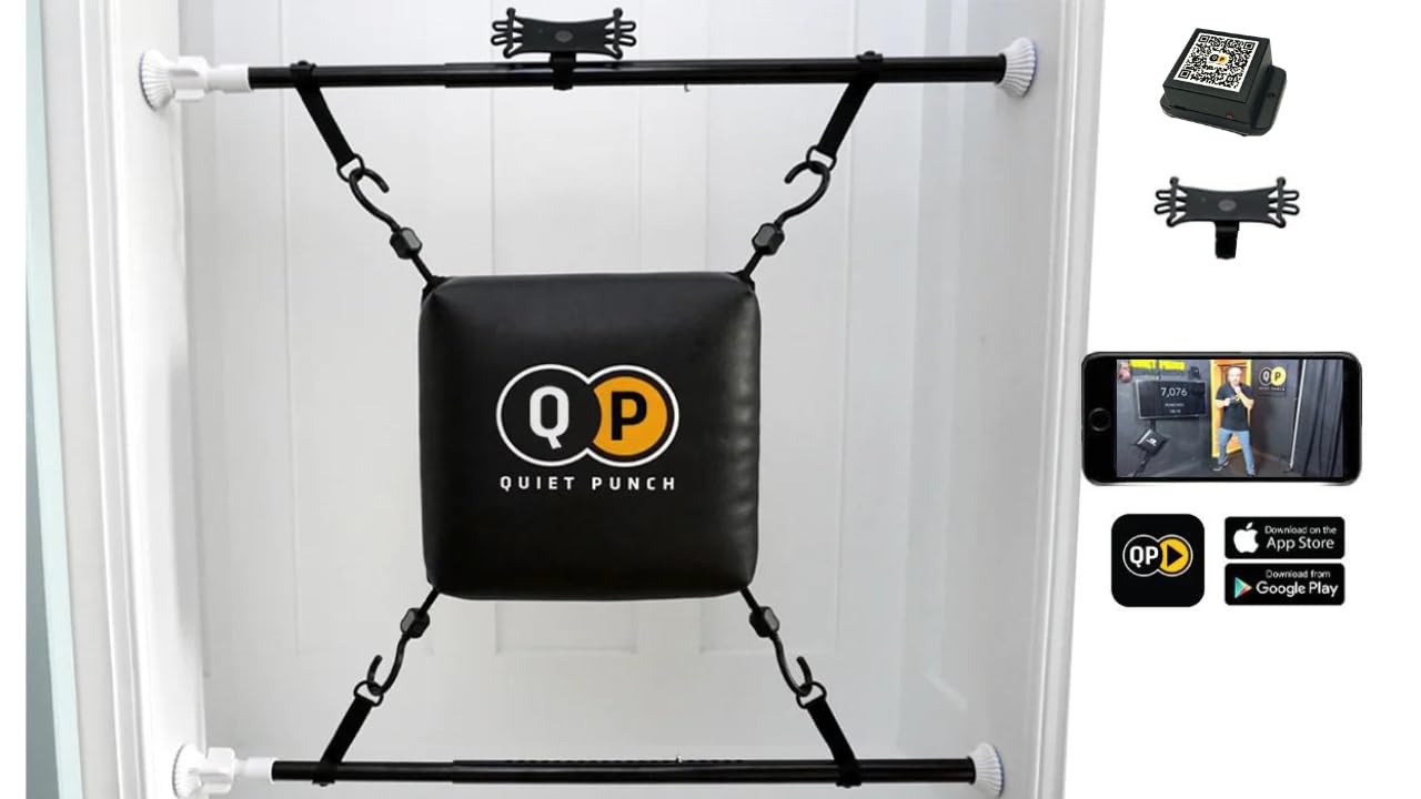 Quiet Punch Doorway Punching Bag, Phone Holder with App, 28"-36" Size, Portable Boxing, Apartment Friendly Workouts (with Punch Tracker)
