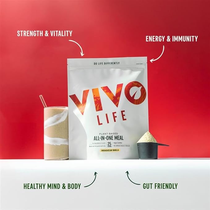 Vivo Life - Whole, Vegan Meal Replacement Shake with Proteins, Vitamins & Minerals, Gut Friendly Bacteria & Electrolytes - 35.2 oz, 25 Servings (35.2 Ounce (Pack of 1), Vanilla)