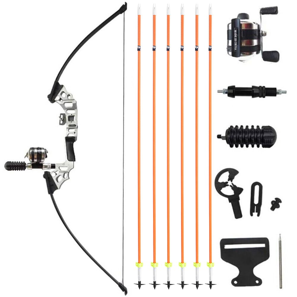 50" Recurve Bowfishing Kit 40lbs Bowfishing Bow with Reel Kits Archery Straight Bow Right Handed for Outdoor Hunting Fishing (Silver)