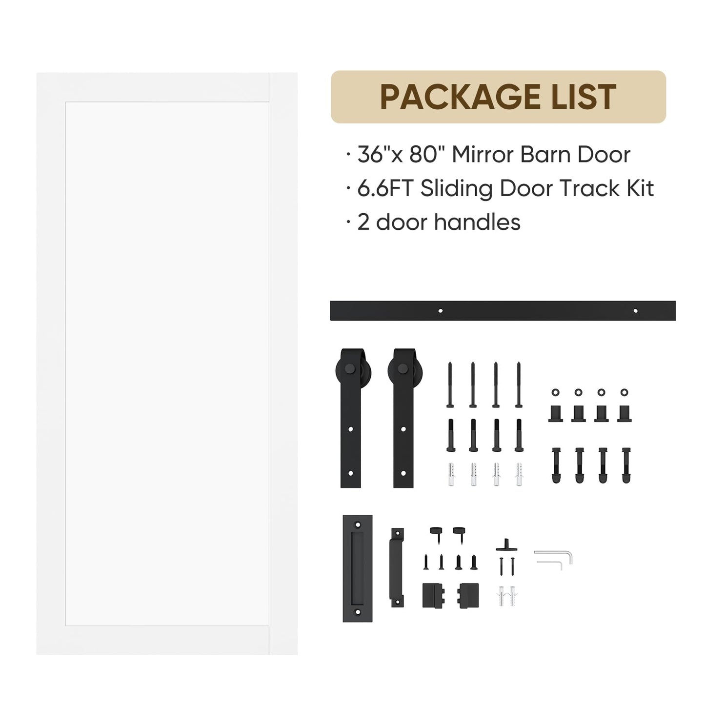 BARNSMITH 36in x 80in 1-Lite Frosted Glass White Barn Door with 6.6FT Sliding Door Hardware Kit Included, Tempered Glass Solid Wood Barn Door Water-Proof PVC Surface,No Assembly Required