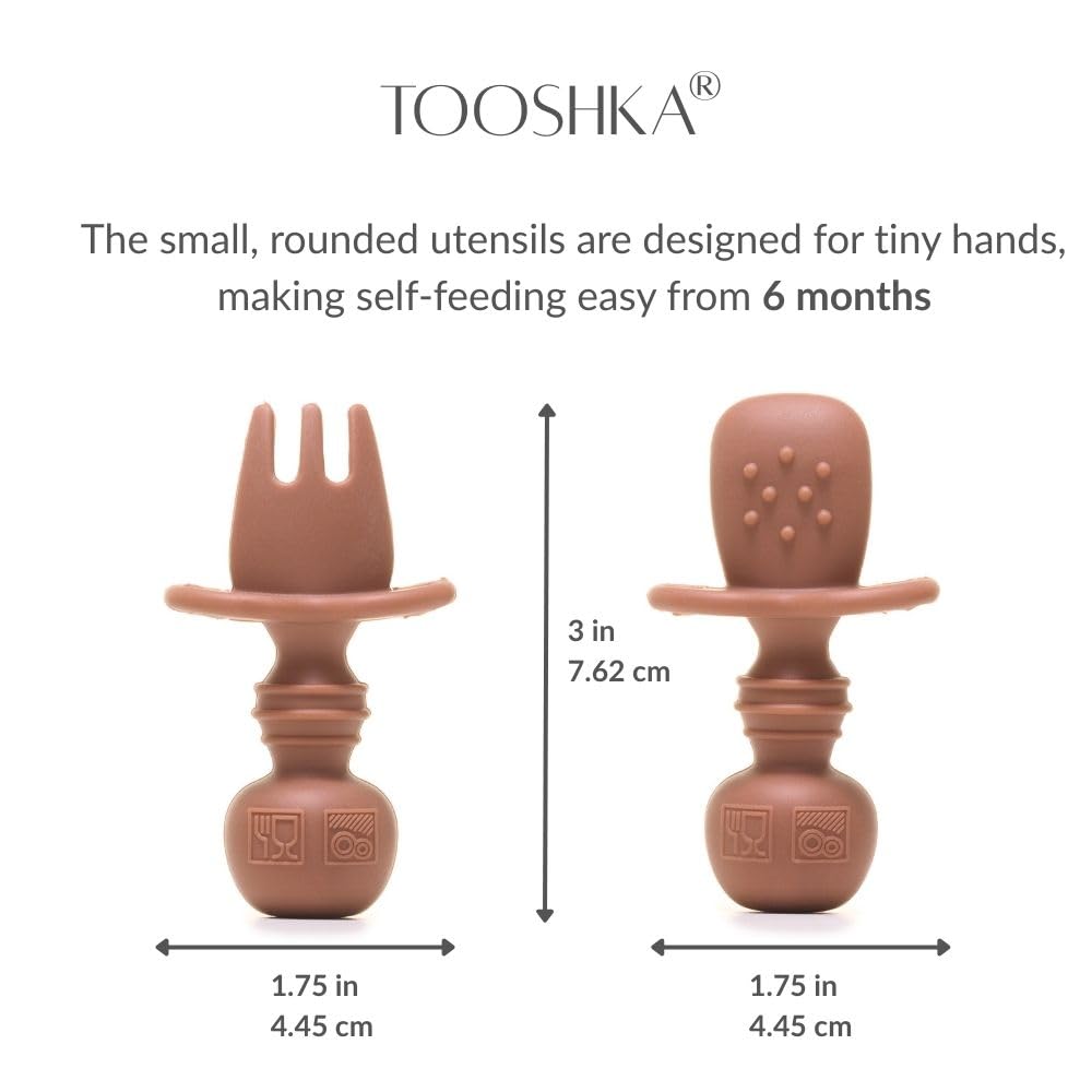 Tooshka® Baby Utensil Set (6 pcs) - Self Feeding Spoons - Silicone & BPA Free - Baby-Led Weaning (BLW) Supplies - Ages 6+ Months - Set of 6 - Brown, Green, & Blue