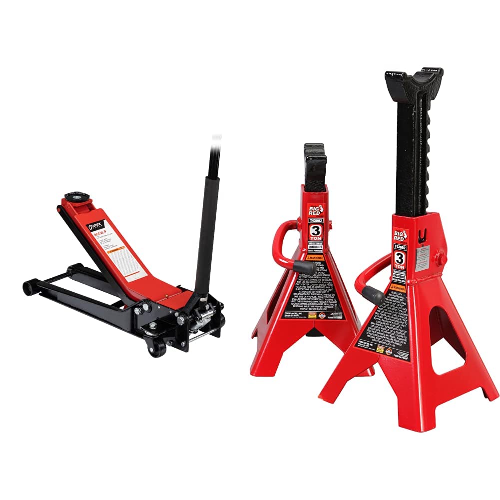 Sunex 6602LP 2 Ton Low Rider Steel Service Jack & BIG RED T43202 Torin Heavy Duty Steel Jack Stands: 3 Ton (6,000 lb) Capacity Car Lifting Stand,1 Pair (Not Suitable for SUV,Truck)