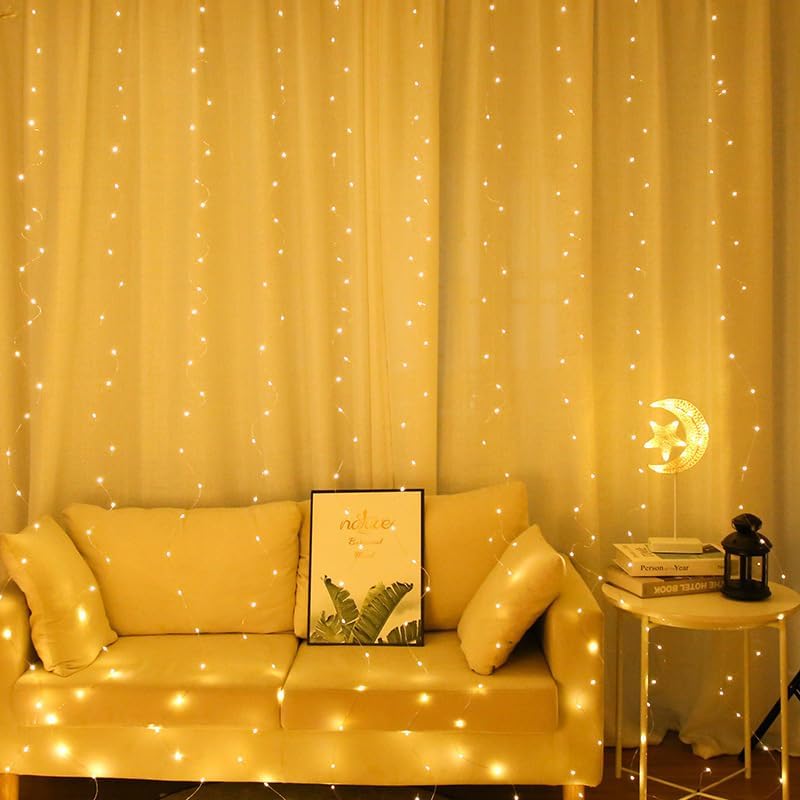 Skiennix 300 LED Curtain String Lights - Remote Controlled Fairy Lights with 8 Modes | 9.8x9.8ft Warm White for Indoor & Outdoor Use
