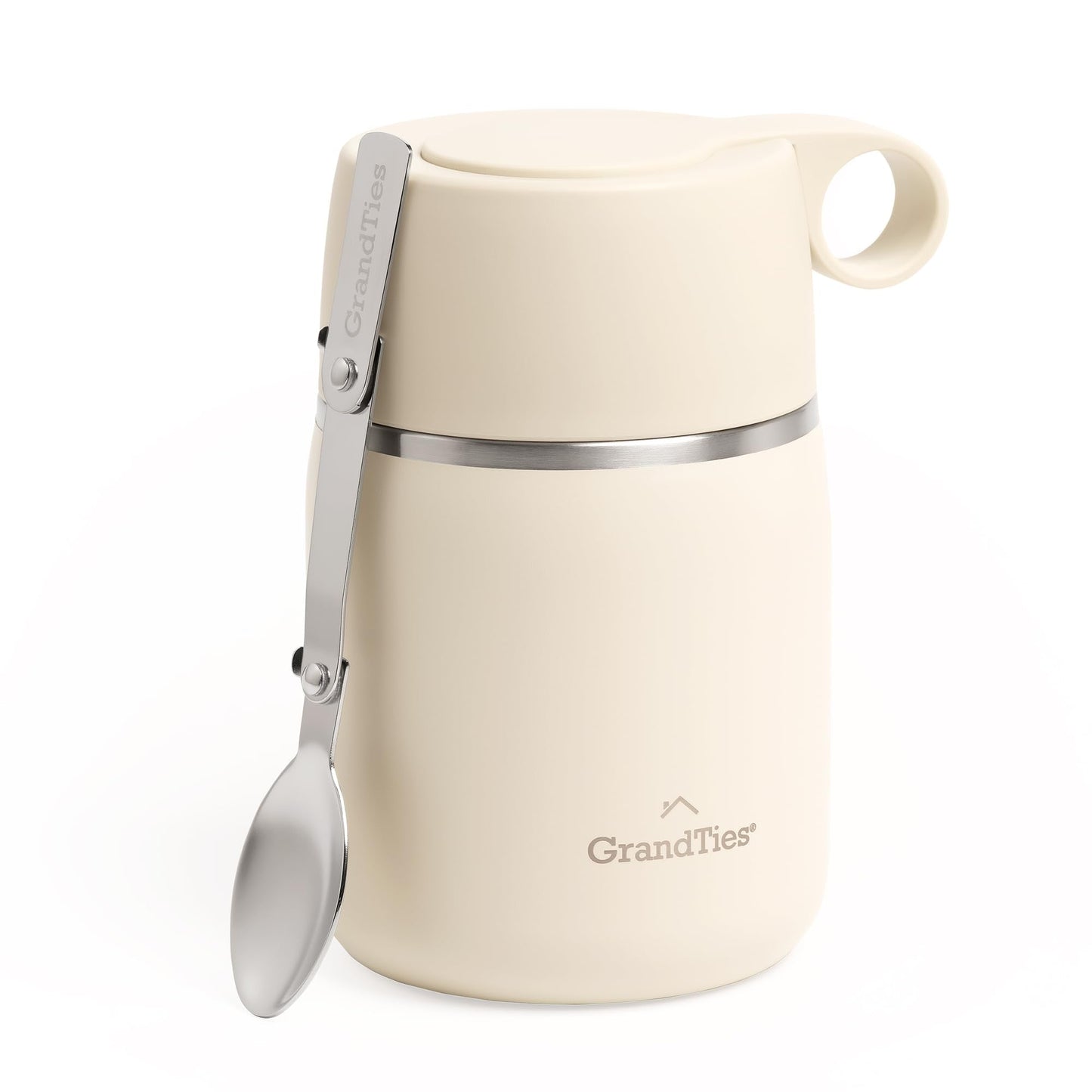 GRANDTIES Insulated Food Jar, 20 oz Wide Mouth Thermo BPA Free Stainless Steel Container for Hot Food with Carry Handle Bowl Cap & Foldable Spoon, Leakproof for Lunch To Go Meals (Ivory White)