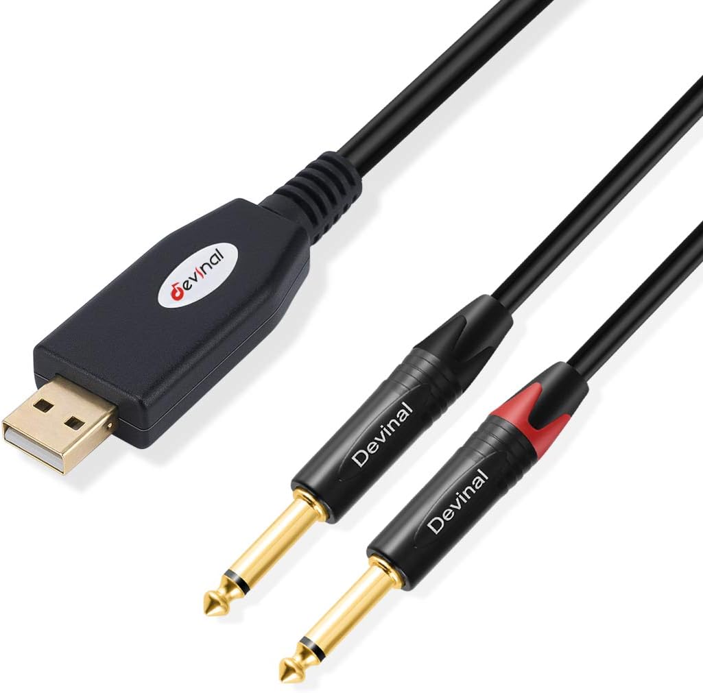 1/4" 1/4" inch 10Ft Devinal USB to Dual Stereo Audio Cable, USB-A to Dual Output Cord Connector, PC to Stereo Audio