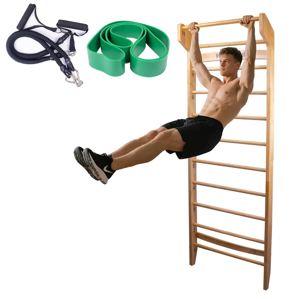 Wood Swedish Ladder with 11 Strategic Rods,Withstands up to 330 lbs,Stall Bar,Include Exercise Straps+Pull-Up Resistance Band+Pull-Up Bar,31.5”*86.6”,Wall Mounted,Stretching and Various Exercises,Indoor Home School Gym Fitness