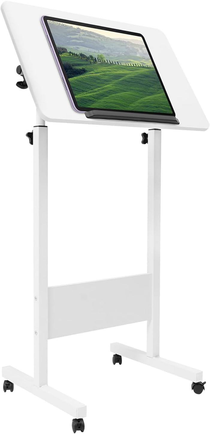 Cbhfmljd Adjustable Laptop Desk, Portable Podium Stand with Wheels Height Adjustable Presentation Mobile Standing Desk