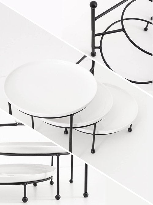 Kanwone 3 Tiered Serving Stand with White Porcelain Plates, Tiered Tray Stand, Dessert Table Display Set, 8" x 8" Tier Serving Trays with Black Metal Stand for Entertaining, 3 Tier Dessert Stand