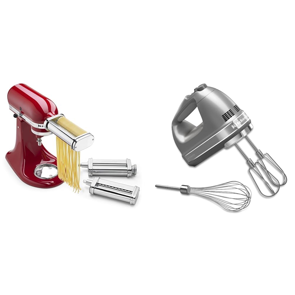 KitchenAid KSMPRA Stand Mixer Attachment Pasta Roller & Cutter, 3-Piece Set, Stainless Steel & 7-Speed Hand Mixer - KHM7210 - Contour Silver