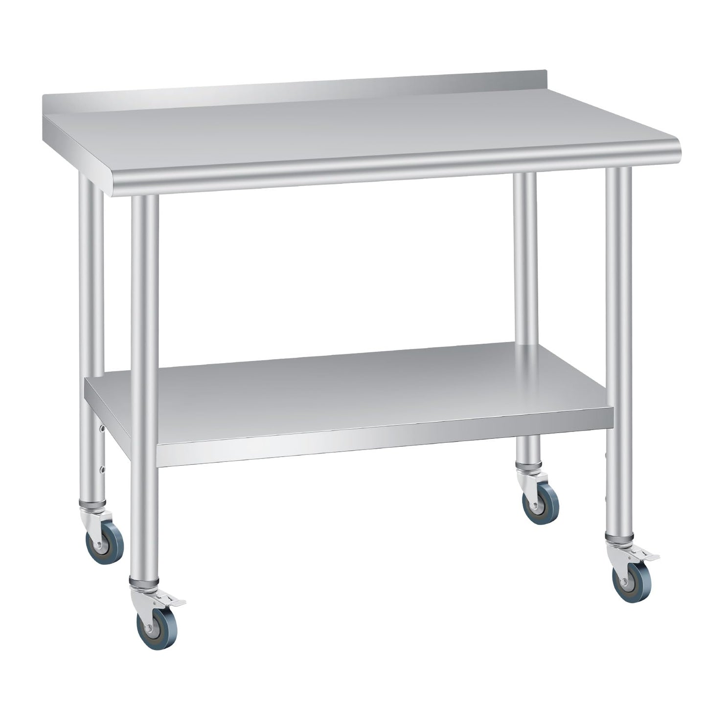 Stainless Steel Prep Table, 48 x 24 inches, with Backsplash & 4 Wheels, Adjustable Undershelf, Commercial Heavy Duty Table with Adjustable Under Shelf for Outdoor Use,Restaurants,Hotels,Works