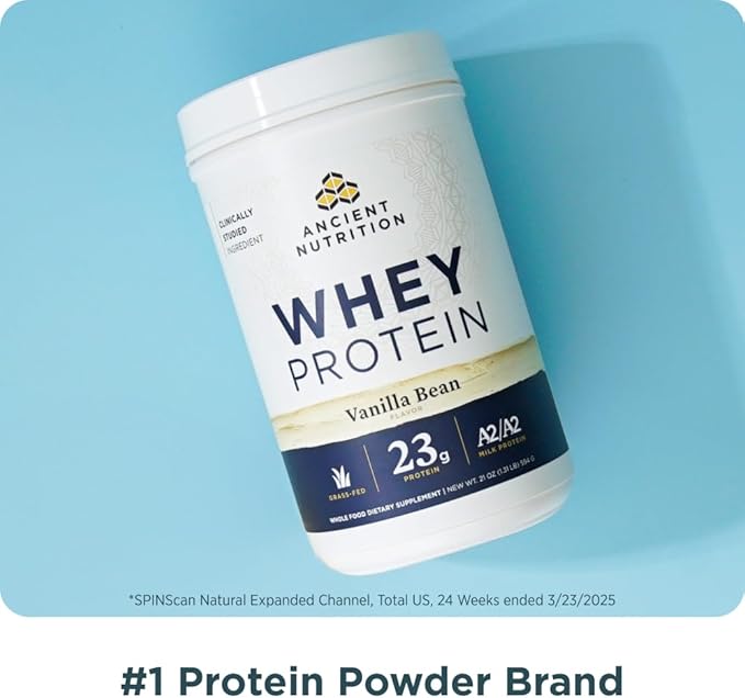 Ancient Nutrition Grass Fed Whey Protein, 23g Protein, Hydrolyzed Collagen Peptides, Organic Regenerative A2/A2 Milk Protein (35 Servings, Vanilla Bean)