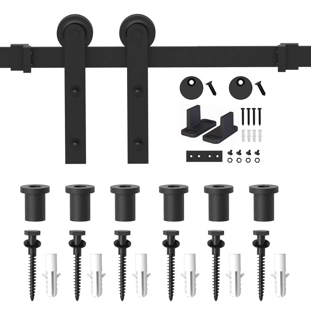 WINSOON 8FT Barn Door Hardware Kit: Single Sliding Door Hardware - Heavy Duty Black Barn Doors Track Kit - Carbon Steel Sliding Barn Doors Rail - J-Shape Easy to Install for 53" Closet Panel(No Door)
