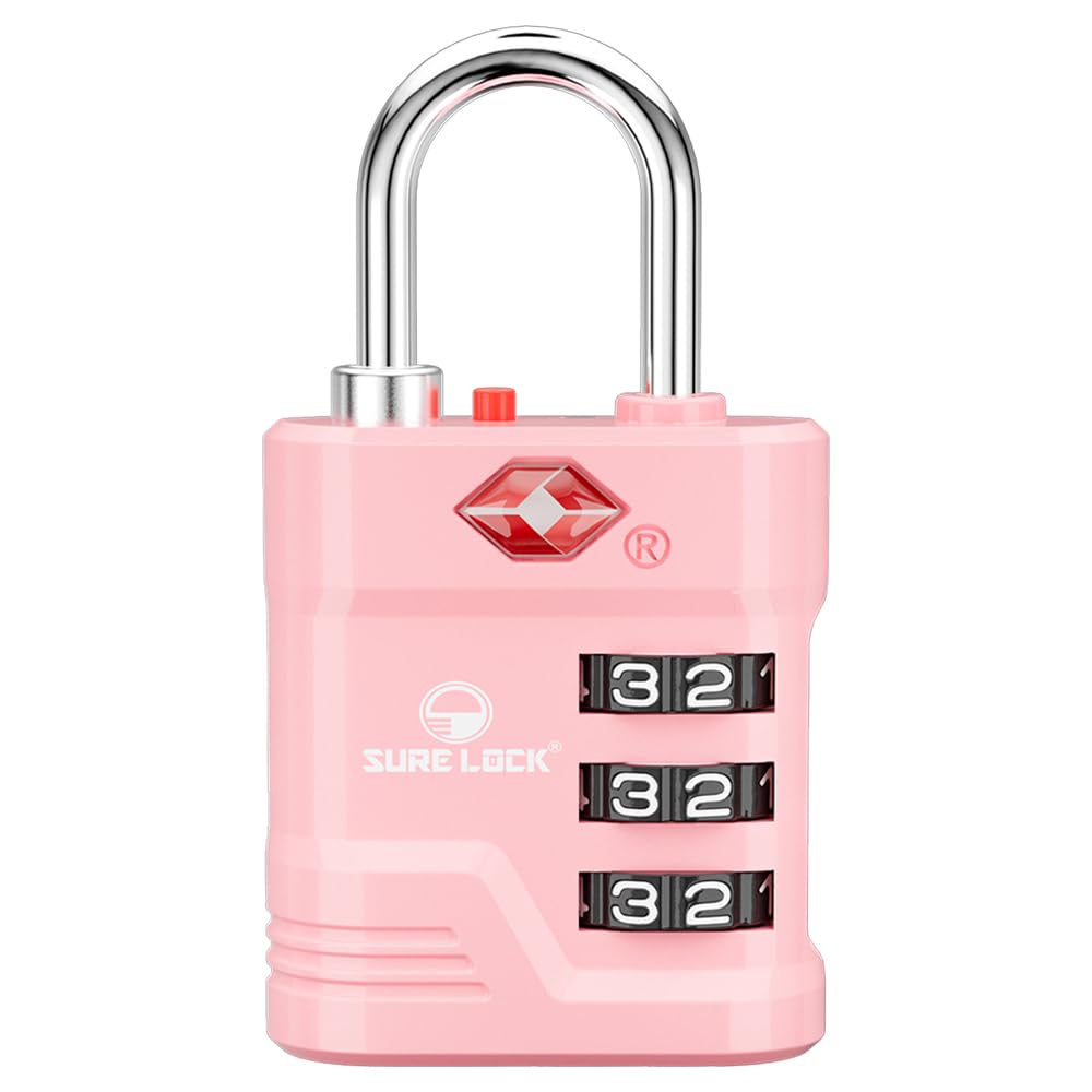 SURE LOCK TSA Approved Luggage Lock – 3-Digit Resettable Combination Padlock with Open Alert Red Dot, Large Easy-Read Dials for Suitcases, Backpacks, Gym & School Lockers(Pink 1 pk)