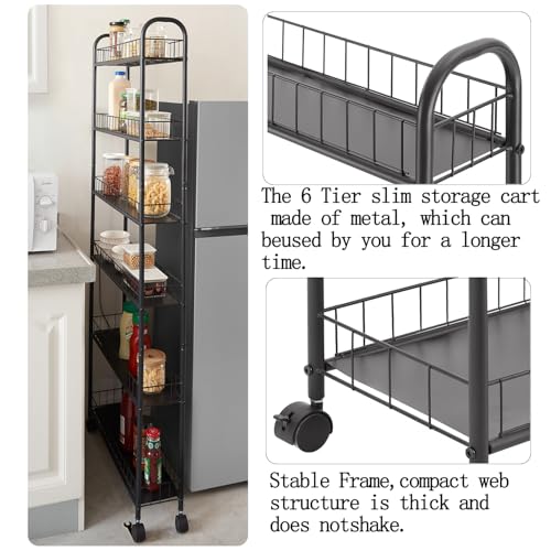 Seadasyoon 6in 6 Tier Slim Storage Cart with Wheels, Black Narrow Space Rolling Shelving Unit with Handle, Metal Wire Mobile Organizer Rack for Kitchen Bathroom Office Laundry