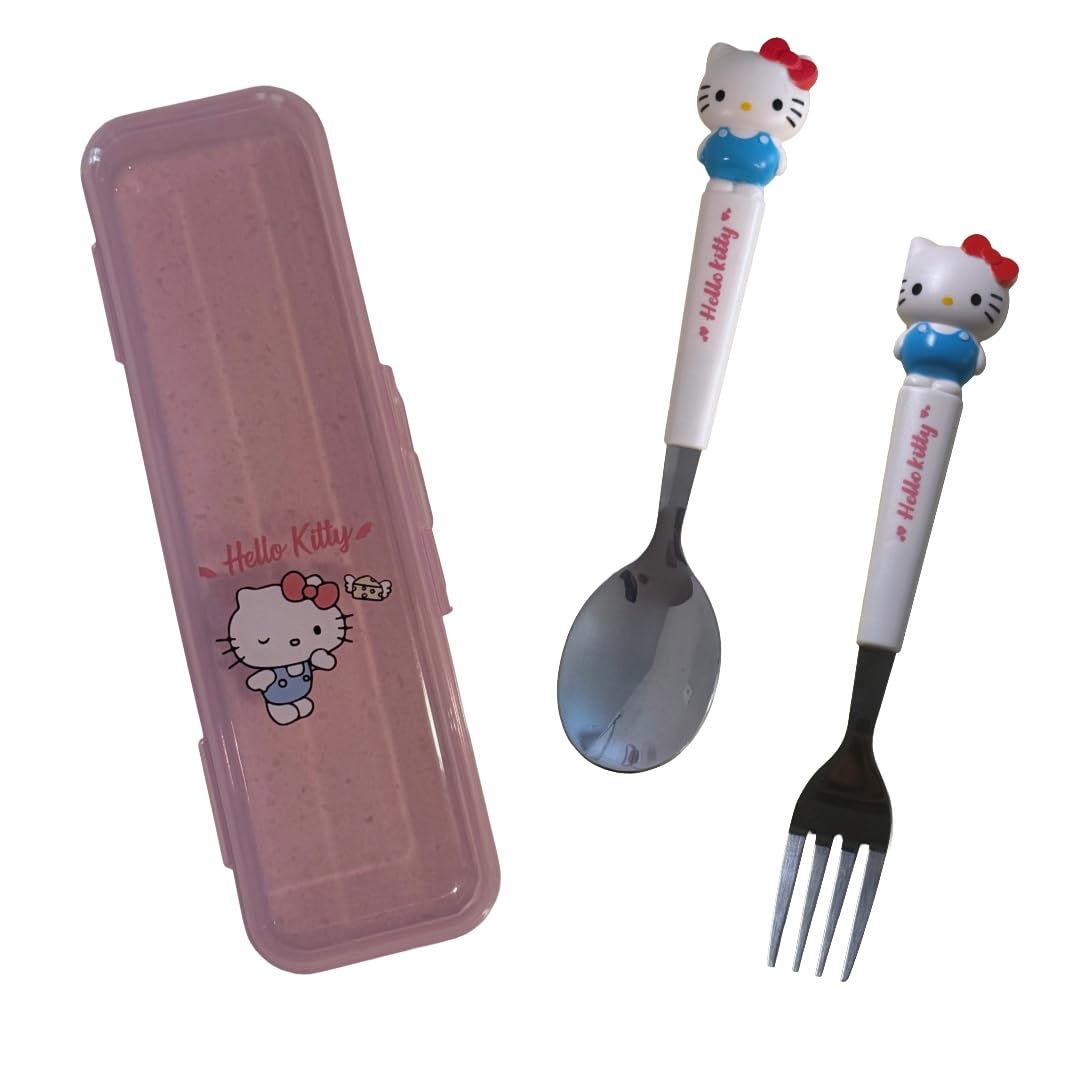 hombäde Stainless Steel Cutlery Tableware Flatware Silverware 3 Piece Set Portable Reusable Travel Cute Kawaii Anime Cartoon Dog Bunny for Boys and Girls (Pink Kitty)
